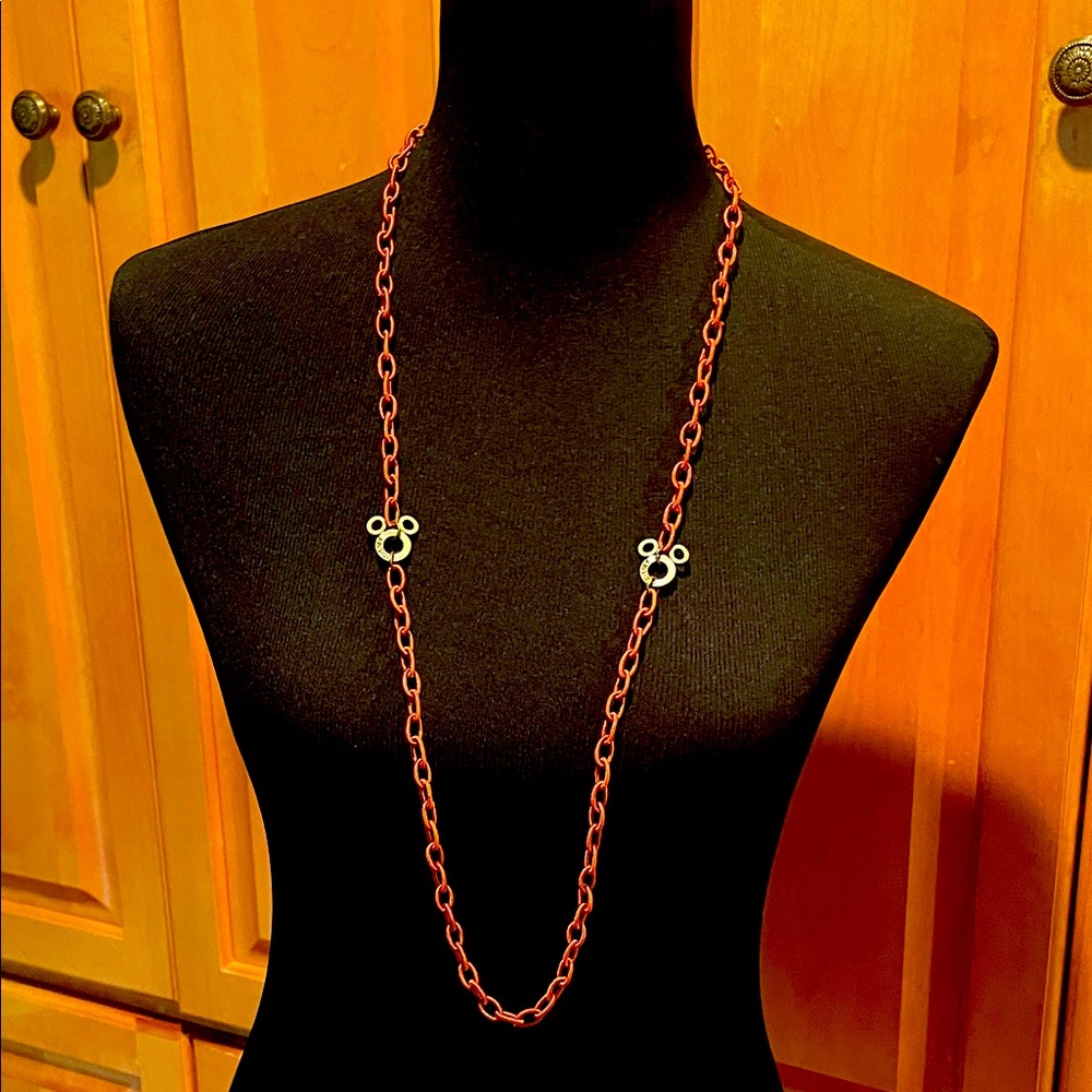 Disney Mickey Mouse on Shimmery Rust Color Braided Fabric Chain Necklace